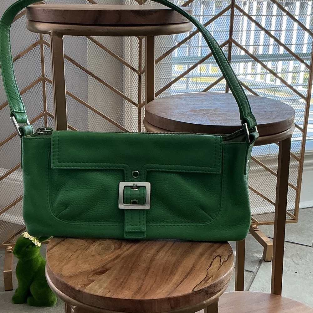 Vintage HOBO Emerald Green Leather Shoulder Clutch with Silver Buckle